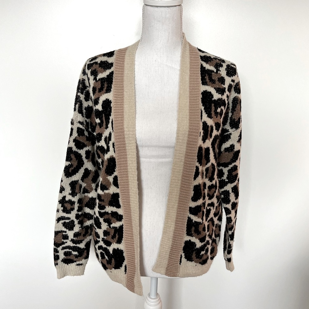 Line & Dot Leopard Print Open Cardigan - Size XS